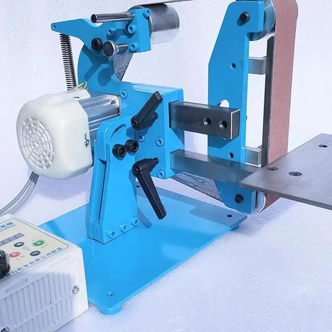 No Fuss Heavy Duty Electric Belt Sander Featuring 750 Watt Brushless Motor And 915 X 50 Millimeter Sanding Belt in blue steel frame.