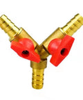 Rock Solid Heavy Duty Brass 10mm Barbed 3 Way Y Equal Ball Valve With Grippy Plastic Handle For Hassle Free Flow Splitting And Quick Shut Off In Plumbing Gas Liquid Tubing, showing brass construction and red handles.