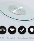 Badass Tempered Glass Lazy Susan Turntable Smooth Swivel Round Serving Platter Heavy Duty Aluminum Base top view showing glass and metal design.