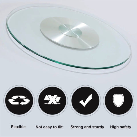 Badass Tempered Glass Lazy Susan Turntable Smooth Swivel Round Serving Platter Heavy Duty Aluminum Base top view showing glass and metal design.