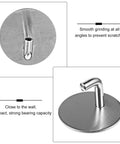 No Drill Needed Heavy Duty Stainless Steel Wall Hooks 6 Pack Adhesive Coat Hanger Set close-up of smooth stainless steel hook base.