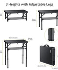 Foldable Camping Table With Storage Net Grab-And-Go Lightweight Aluminum Outdoor Table 23.2 X 16 Inches Adjustable Height 9 In 18 In 27.5 In Waterproof Portable With Handle For Travel Cooking And Picnics shown with its three height settings and foldable design.