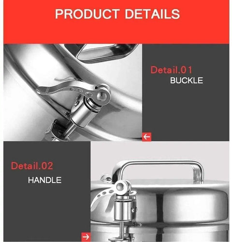 Close-up of buckle and handle on Industrial Grade Electric Grain And Spice Grinder Pro Grade Stainless Steel Heavy Duty Pulverizer.