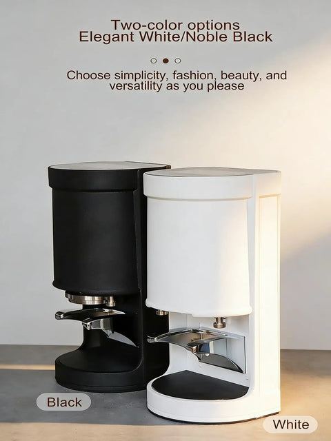 Automatic 58mm Espresso Tamper Machine With Precision Pressure Dial For Crazy Consistent Coffee Packing And Top Shelf Day One Pulls At Home Or Local Coffee Shop in black and white color options.