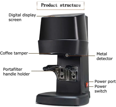 Smart Automatic Espresso Tamper With Auto Fill Dose And Tamp Tech 58mm Precision Gauge showing digital display and portafilter holder.