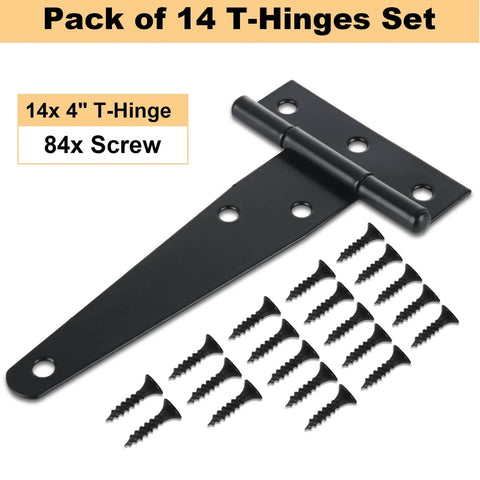 14 Pack 4 Inch T Hinge Heavy Duty Shed Door Hinges with screws, black powder coated iron for barn doors and gates, shown on white background