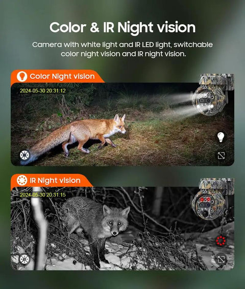 Heavy Duty Camouflage Solar Security Camera Outdoor 6Mp 12X Zoom Foolproof PIR Detection Color Night Vision Two Way Audio Ip66 Waterproof Badass Perimeter Surveillance Rig showcasing color and IR night vision features with wildlife.