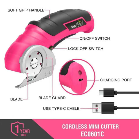 Close-up of Cordless Electric Scissors For Quick Unpacking And Crafting with soft grip handle and charging port.