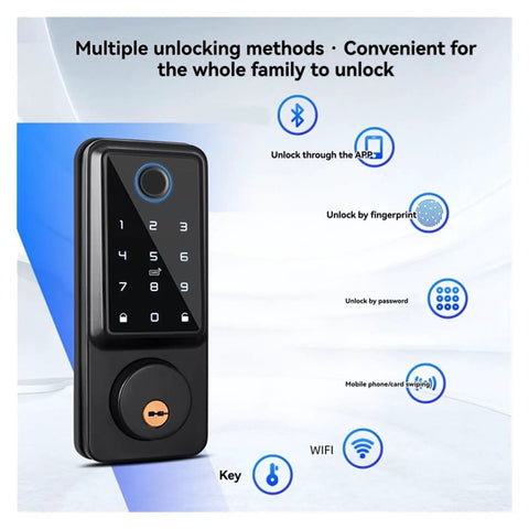 Slick Smart Deadbolt Lock Auto Latch Door Sensor And No Sweat Fingerprint Unlock Bluetooth Remote Control with keypad.