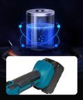 Cordless Battery Angle Grinder With Variable Speed And Low Vibration Ergonomic Handle showcasing battery design and ergonomic grip.