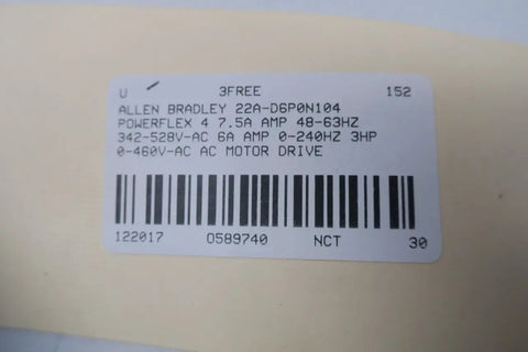 Label of PowerFlex 4 VFD Motor Drive For 3HP 460V AC Systems, 0-460V Output, 48-63 Hz Input, showing specifications and barcode.