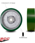 Heavy Duty Six Inch Polyurethane Caster Wheel On Solid Cast Iron Core With Half Inch Keyed Shaft, top and side view with measurements.