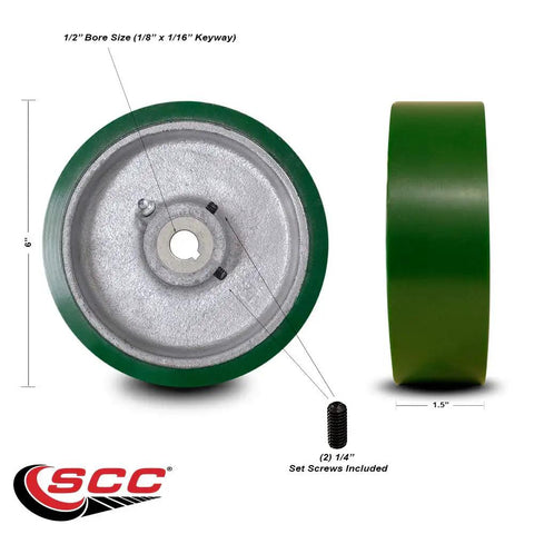 Heavy Duty Six Inch Polyurethane Caster Wheel On Solid Cast Iron Core With Half Inch Keyed Shaft, top and side view with measurements.