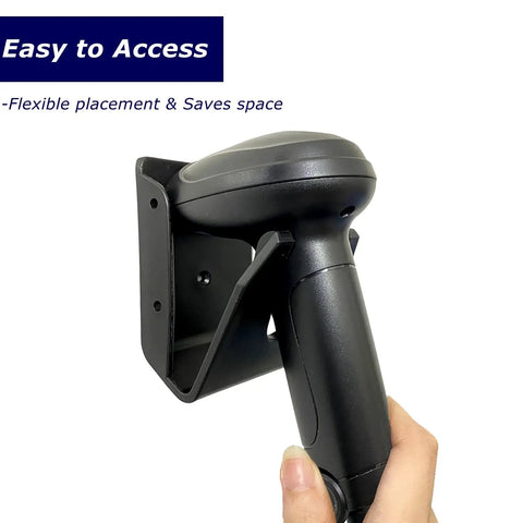 Universal Barcode Scanner Holder Wall Mount Bracket For Most Scanners with a scanner in a black holder on a wall mount bracket.