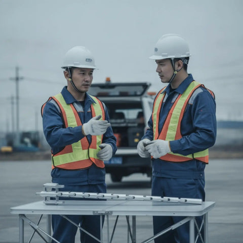 Two workers discussing the Tough As Nails Heavy Duty Cable Pulling Guide With Carbon Steel Frame and Durable Nylon Sheave Wheel.