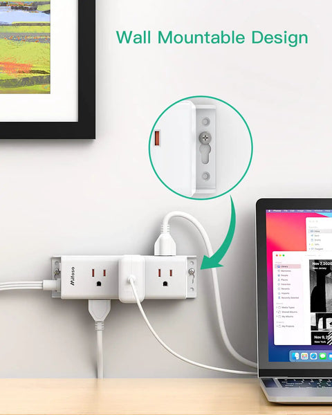 Image of 10 Ft Extension Cord Power Strip Pack With Flat Plug, 2 Pack 9 Outlet Surge Protector, mounted on a wall near a desk.