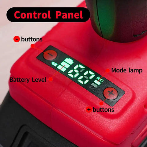 Control panel of the Slick 26 Volt Cordless Rivet Gun and Rivnut Setter with battery level and operation buttons.