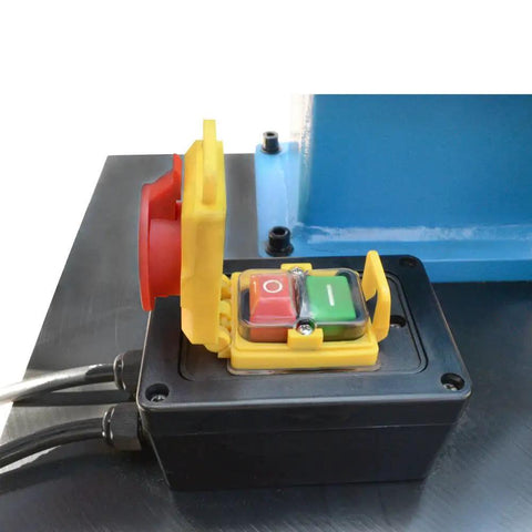 Control panel of Pro Shop Ready 1.5 HP Electric Tube Pipe Notcher showing power buttons for metal bending jobs.