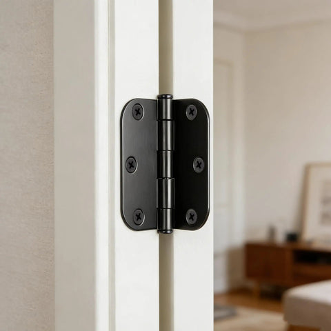 Close-up of a black 3 inch soft close door hinge mounted on a white door frame for interior doors and cabinets.