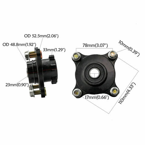 Front Wheel Hub Steering Knuckle Spindle And Brake Disc Rotor For ATV Quad Go Kart No Caliper Heavy Duty Front Rotor Assembly shown with measurements.