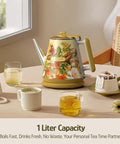 Retro 1L Electric Kettle Cordless 800W Fast Boil Double Wall 304 Stainless Steel BPA Free Auto Shut Off Compact One Cup Brew Buddy For Tea And Coffee Eduardo Recife Collaboration Edition with floral print on a table with tea cups.