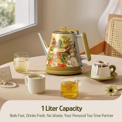 Retro 1L Electric Kettle Cordless 800W Fast Boil Double Wall 304 Stainless Steel BPA Free Auto Shut Off Compact One Cup Brew Buddy For Tea And Coffee Eduardo Recife Collaboration Edition with floral print on a table with tea cups.