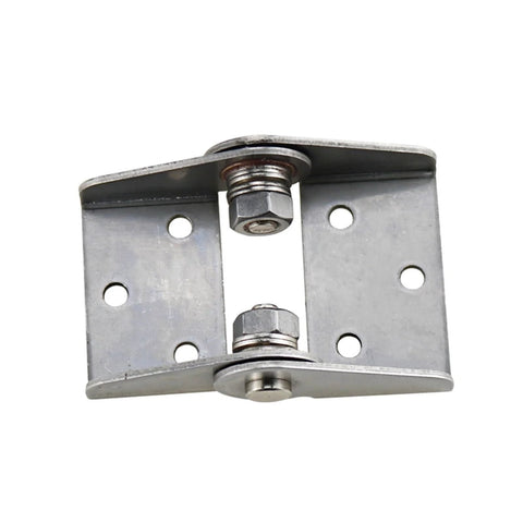Stainless steel large hinge with adjustable damping axis and stop torque, two perforated mounting plates, front view