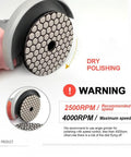 Four Inch Dry Diamond Polishing Pads Grit 100 for Granite Marble Stone, on grinder indicating recommended speed for safe polishing.