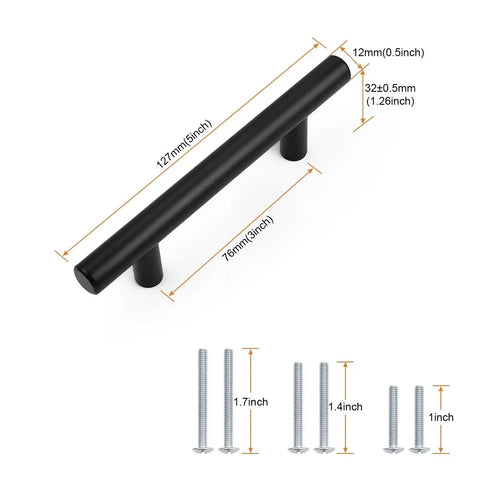 Upgrade Your Kitchen With These Top Shelf Black Stainless Steel Cabinet Pulls Boasting A Thick Round Shape And Precise Three Inch Hole Spacing Plus A Full Screw Set Guaranteeing A No Sweat Swap For Any Door Type In A Massive Fifty Pack, showcasing a matte black pull with screw sizes.