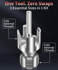 4 In 1 PVC Pipe Threader Kit For Drill With Internal And External Threading And Reaming displayed with threading features.