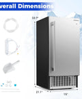 15 Inch Under Counter Commercial Ice Maker Produces 110 Lbs Of Ice Daily With 25 Lb Storage Capacity Sleek Silver And Black Finish overall dimensions image with included accessories.