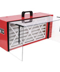 Portable Red Steel Tabletop Dust Collector Packing Killer 725CFM Airflow And Smooth Variable Speed Controls For Woodworking Shops front view with filter exposed.