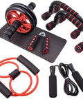 Rock Solid Five Piece Home Gym Strength Set Featuring Wide Ab Roller With Anti Slip Stripes Heavy Duty Resistance Bands Tangle Free Jump Rope And Ergonomic Knuckle Grip Trainer For Total Body Conditioning And Legit Core Gains, includes roller, bands, jump rope.