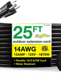Heavy Duty 14 3 Gauge 25 Foot Black Outdoor Extension Cord Contractor Grade SJTW Cable with molded plugs and ETL certification.