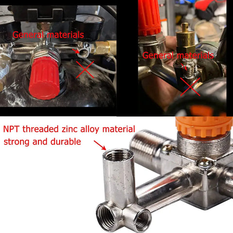 Real Badass Heavy Duty Dual Outlet Air Compressor Manifold NPT Zinc Alloy Splitter Valve with durable design and threaded fittings.