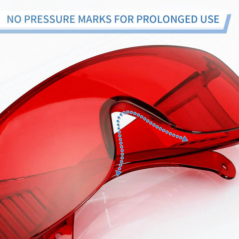 Close-up of Anti Fog Dental Safety Glasses Ultra Lightweight Protective Eye Shields showing comfortable fit and red lens design.