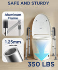 Adjustable Foldable Toilet Safety Rails For Seniors Handicap Users Straight Up Strong Aluminum Grab Bar showing 350 lb capacity and aluminum frame.