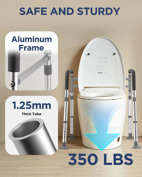 Adjustable Foldable Toilet Safety Rails For Seniors Handicap Users Straight Up Strong Aluminum Grab Bar showing 350 lb capacity and aluminum frame.