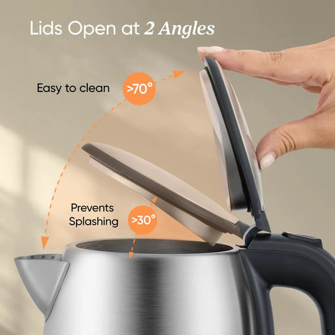 Electric Kettle With Plastic Free Interior And 304 Stainless Steel Build showing open lid angles for easy cleaning