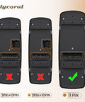 Comparison of three black power window switches; only the 11-pin model matches driver side power window switch and door lock button replacement.