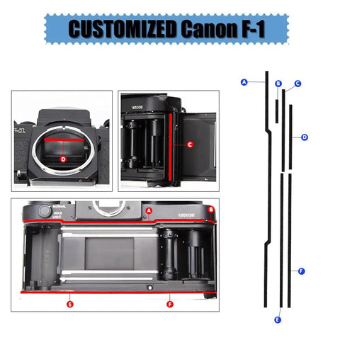 Image of customized Canon F-1 camera showing light seal foam strips for vintage camera leaks. Snag These Pre Cut Light Seal Foam Strips To Fix Vintage Camera Leaks. Self Adhesive Light Proof Sponge Kit Restores Classic Film Gear Fast. No More Blurry Shots, Yall.