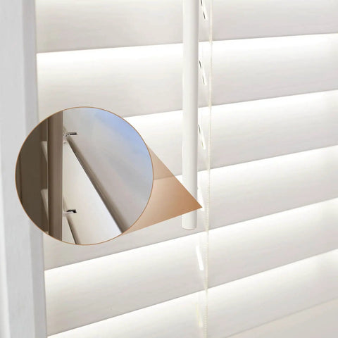 Twenty Heavy Duty Shutter Vane Repair Slider Connectors Made From Resilient Nylon Tilt Rod Replacement Parts For Plantation Blinds visible in white blinds close-up.