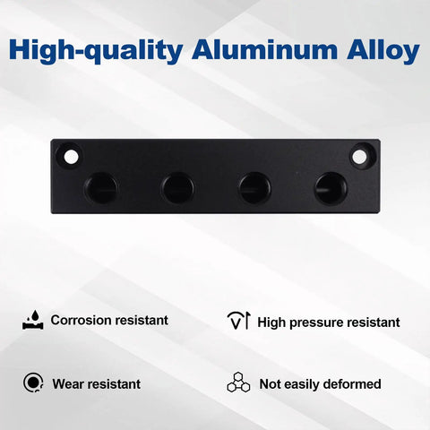 Shop Tough 6 Port Air Compressor Manifold Block With Quarter Inch Npt Fittings For Multiple Pneumatic Tool Lines Plug And Play Splitter Garage Essential, black aluminum body with ports.