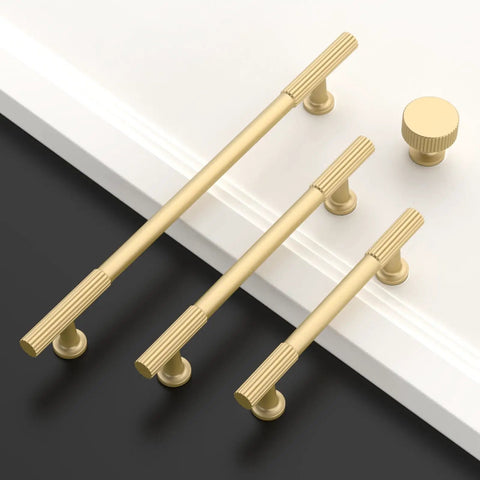 10 Pack 3 Inch Brushed Gold Cabinet Handles Modern Kitchen Drawer Pulls Heavy Duty Metal Hardware With A Knockout Finish on a white background.