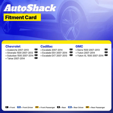 AutoShack fitment card listing vehicle compatibility for Chevy, Cadillac, and GMC trucks from 2007-2014.