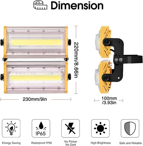 Heavy Duty 100W LED Flood Lights Hella Bright IP65 Waterproof Security Lamps showing dimensions and mount details.