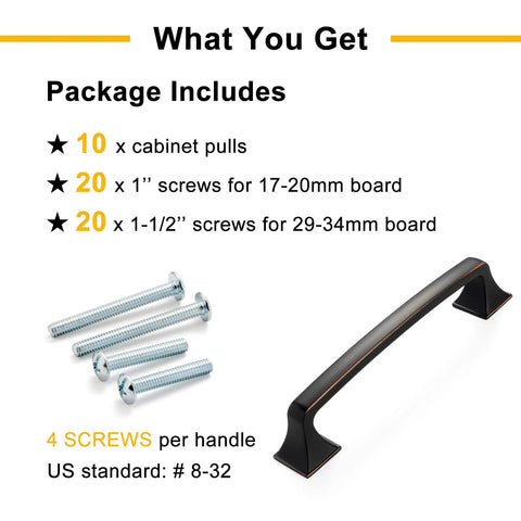 10 Pack 3 Inch Oil Rubbed Bronze Drawer Pulls Brushed Bronze Cabinet Handles package contents with screws