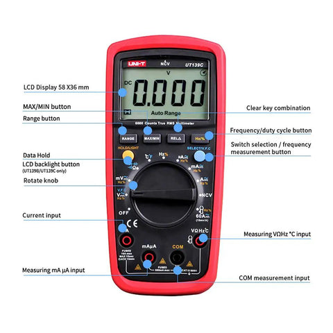 Front view of UT139C Digital Multimeter Auto Range True RMS Meter with labeled buttons and display details for electrical testing