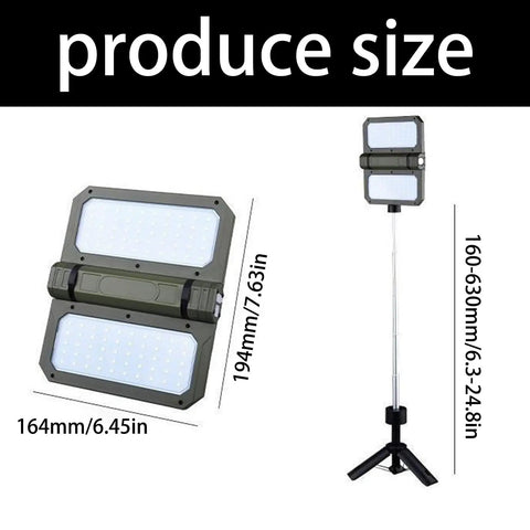 Take Anywhere Portable Telescopic Camping Light With Adjustable Stand And Built In Power Supply For Emergencies And Outdoor Adventures, Space Saving Folding Design shown in extended and folded dimensions.
