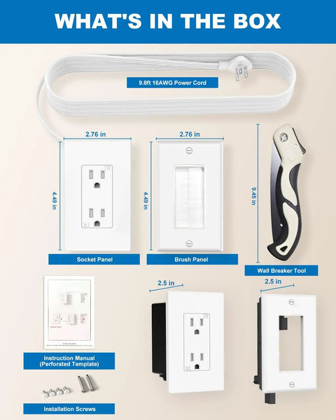 In Wall Cable Management Kit With Recessed Outlet Box And Dual Outlet Extender For Wall Mounted TV contents overview